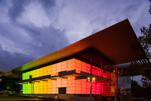 An outside view of a light installation of QAGOMA
