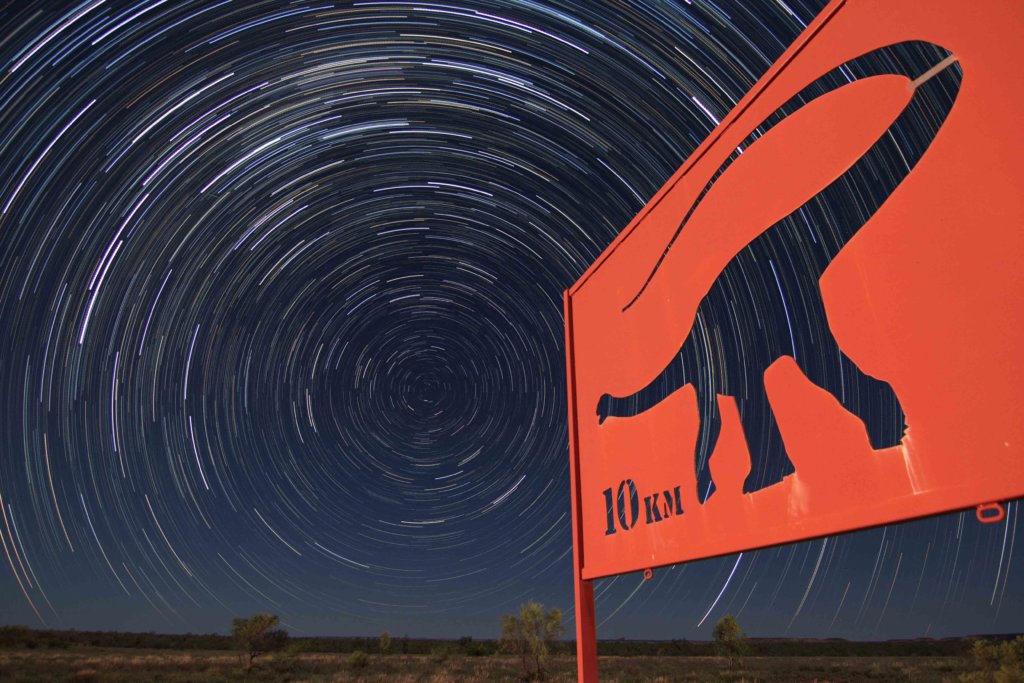 Dinosaur sign at the base of The Jump-Up – star trails. 