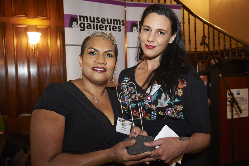 Sylvia Nakachi and Sophie Chapman, Logan Art Gallery accepting a Gallery and Museum Achievement Award