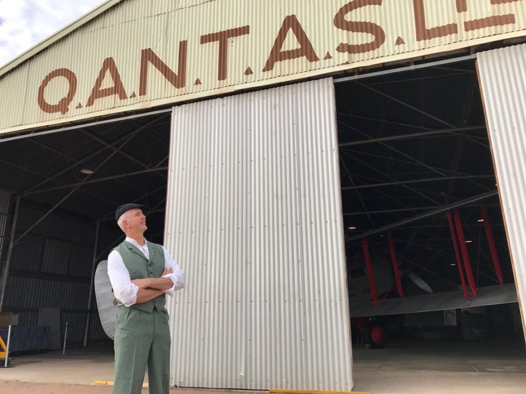 Tony as Arthur Baird outside the heritage-listed hangar (2017)